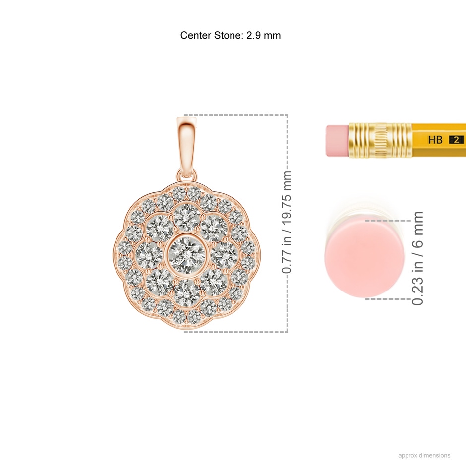 2.9mm KI3 Round Diamond Halo Fashion Pendant in Rose Gold ruler