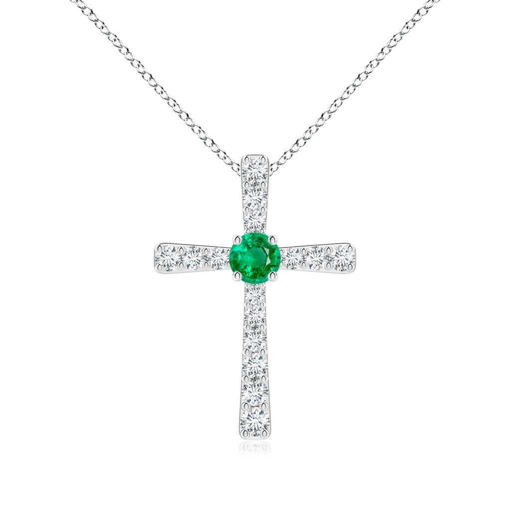 3.5mm AAA Emerald and Diamond Cross Pendant in 18K White Gold 