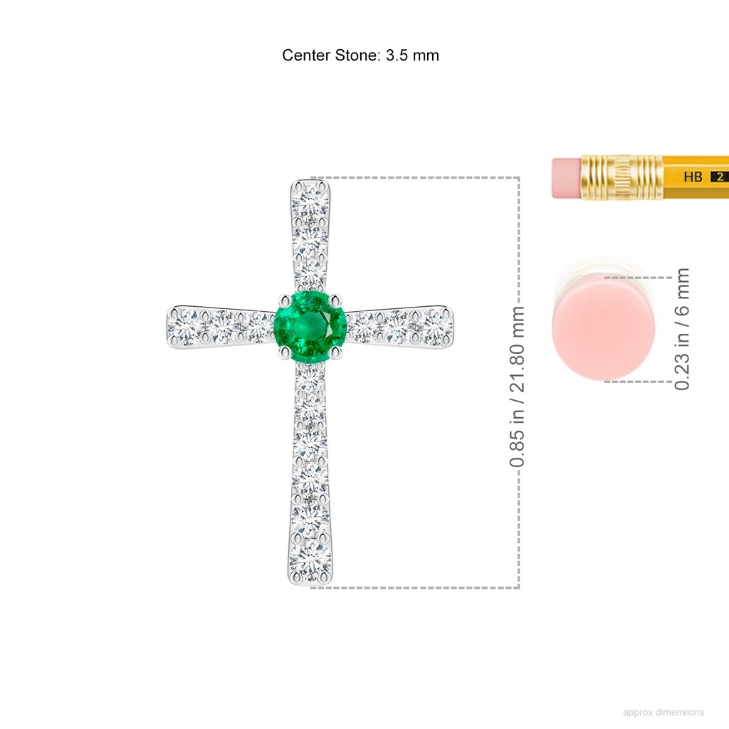 3.5mm AAA Emerald and Diamond Cross Pendant in White Gold ruler
