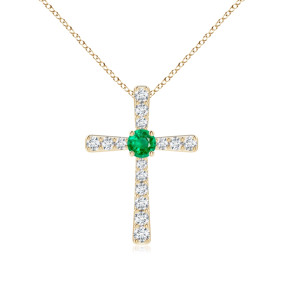 3.5mm AAA Emerald and Diamond Cross Pendant in Yellow Gold 