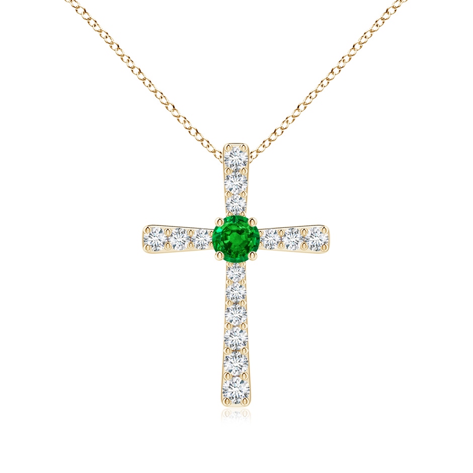 3.5mm AAAA Emerald and Diamond Cross Pendant in Yellow Gold 