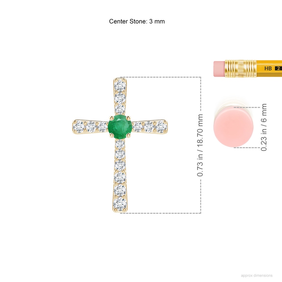 3mm A Emerald and Diamond Cross Pendant in Yellow Gold ruler