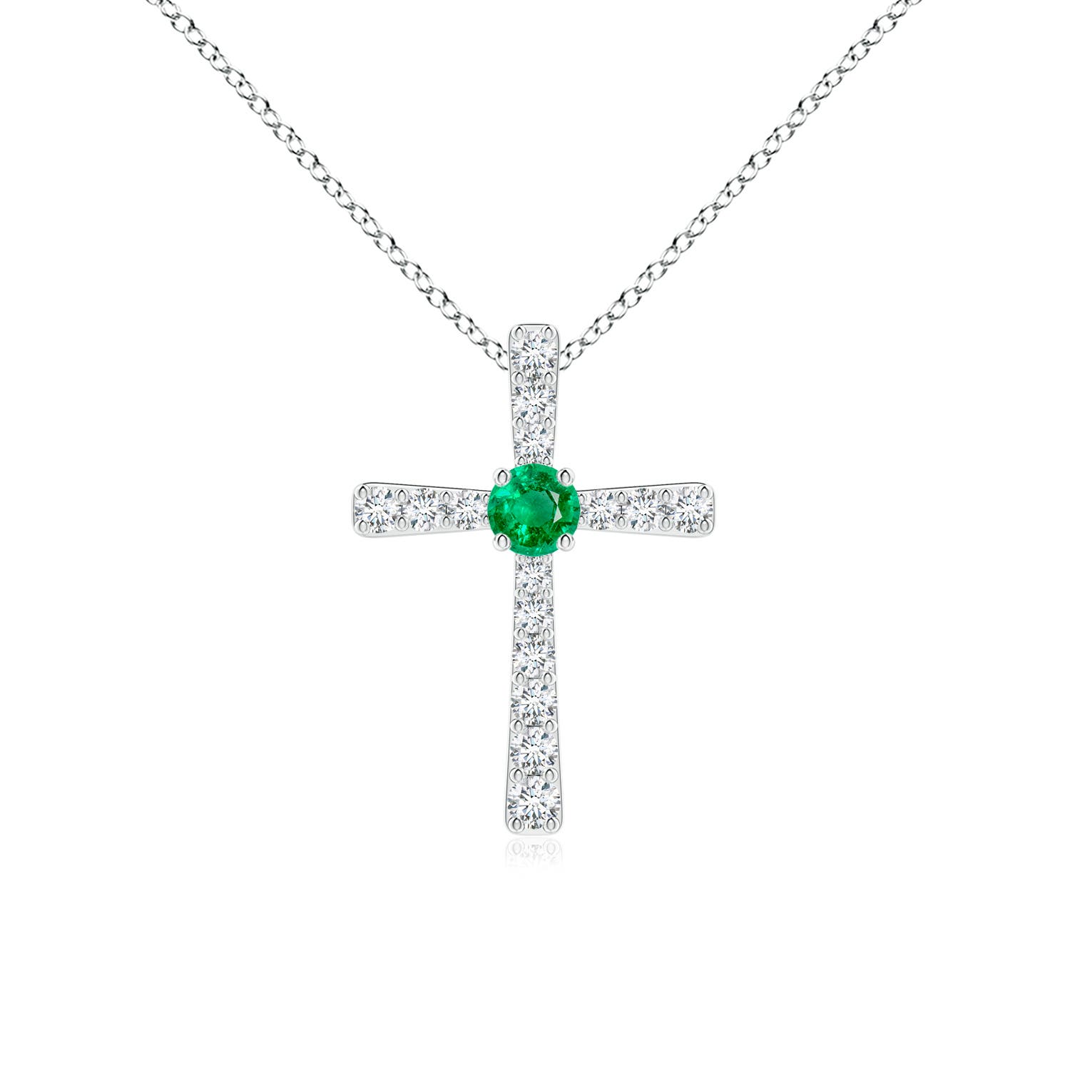 3mm AAA Emerald and Diamond Cross Pendant in 18K White Gold