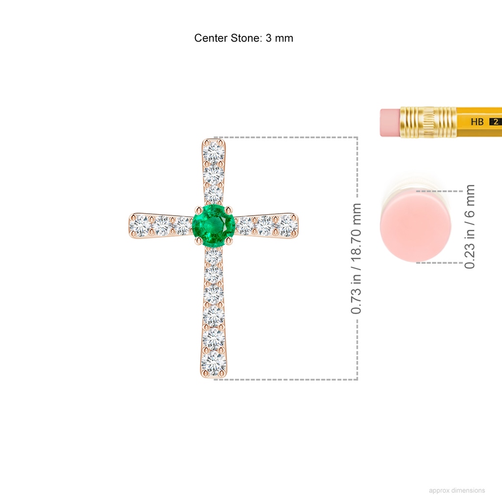 3mm AAA Emerald and Diamond Cross Pendant in Rose Gold ruler