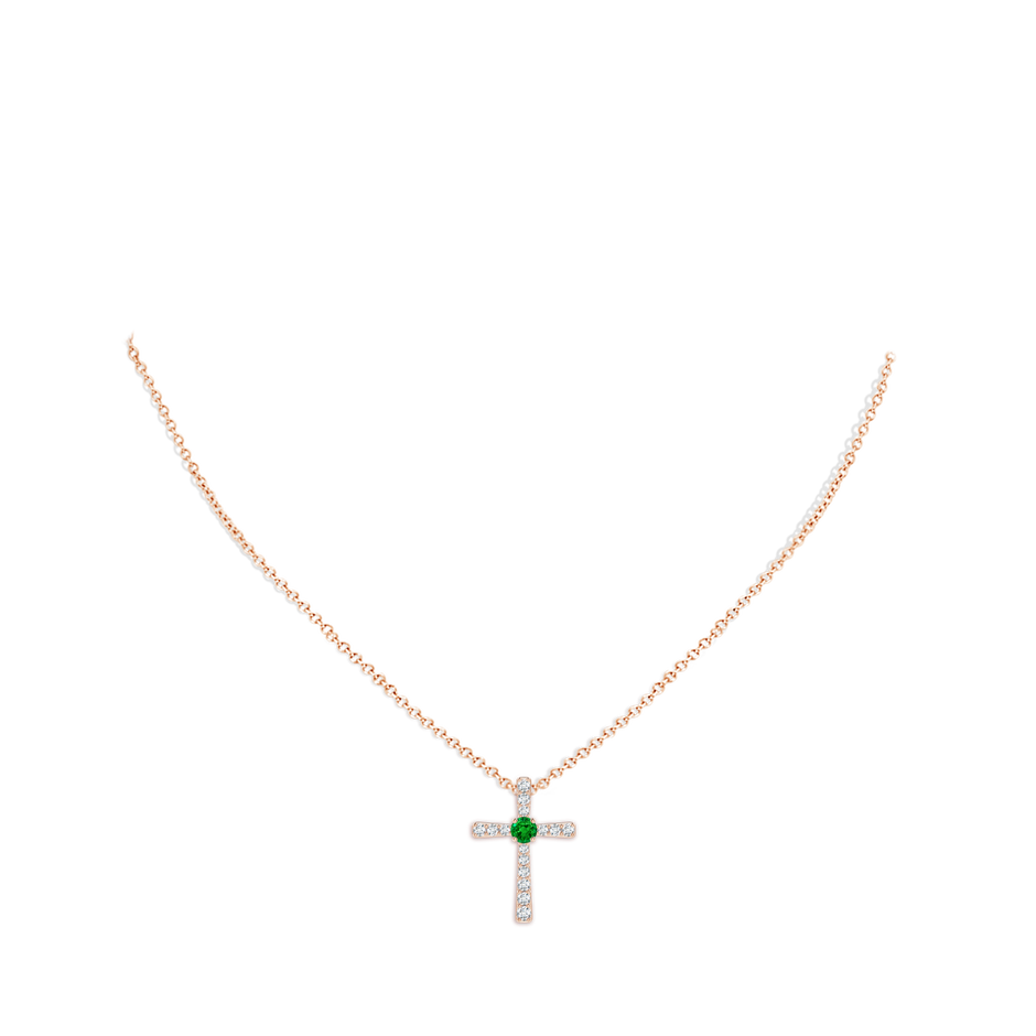 3mm AAAA Emerald and Diamond Cross Pendant in 9K Rose Gold pen