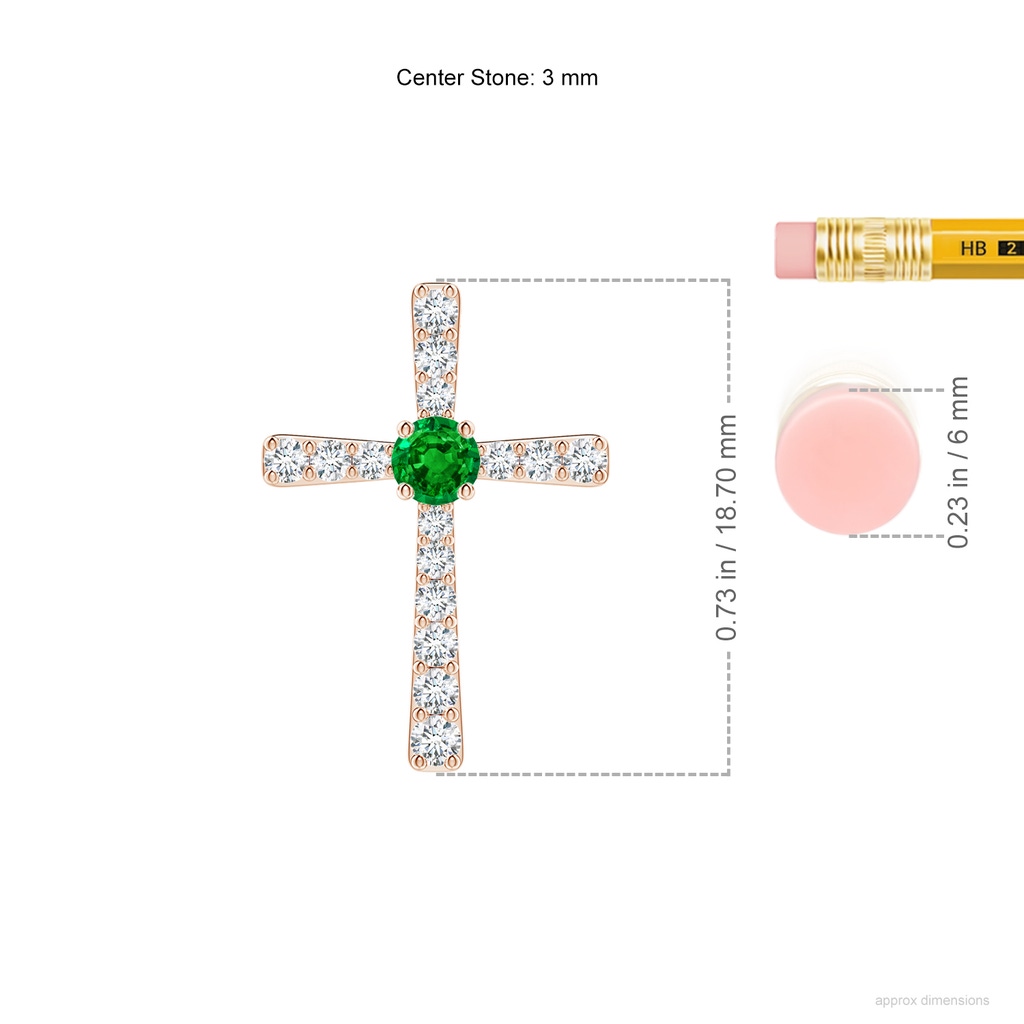 3mm AAAA Emerald and Diamond Cross Pendant in Rose Gold ruler