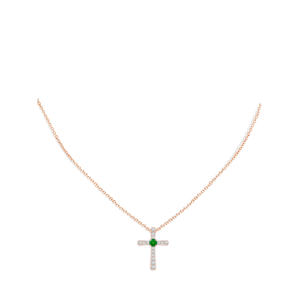 3mm AAAA Emerald and Diamond Cross Pendant in Rose Gold pen