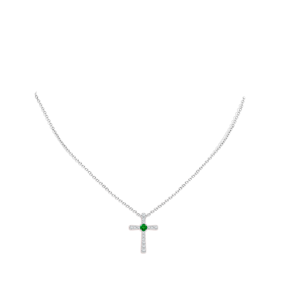 3mm AAAA Emerald and Diamond Cross Pendant in White Gold pen