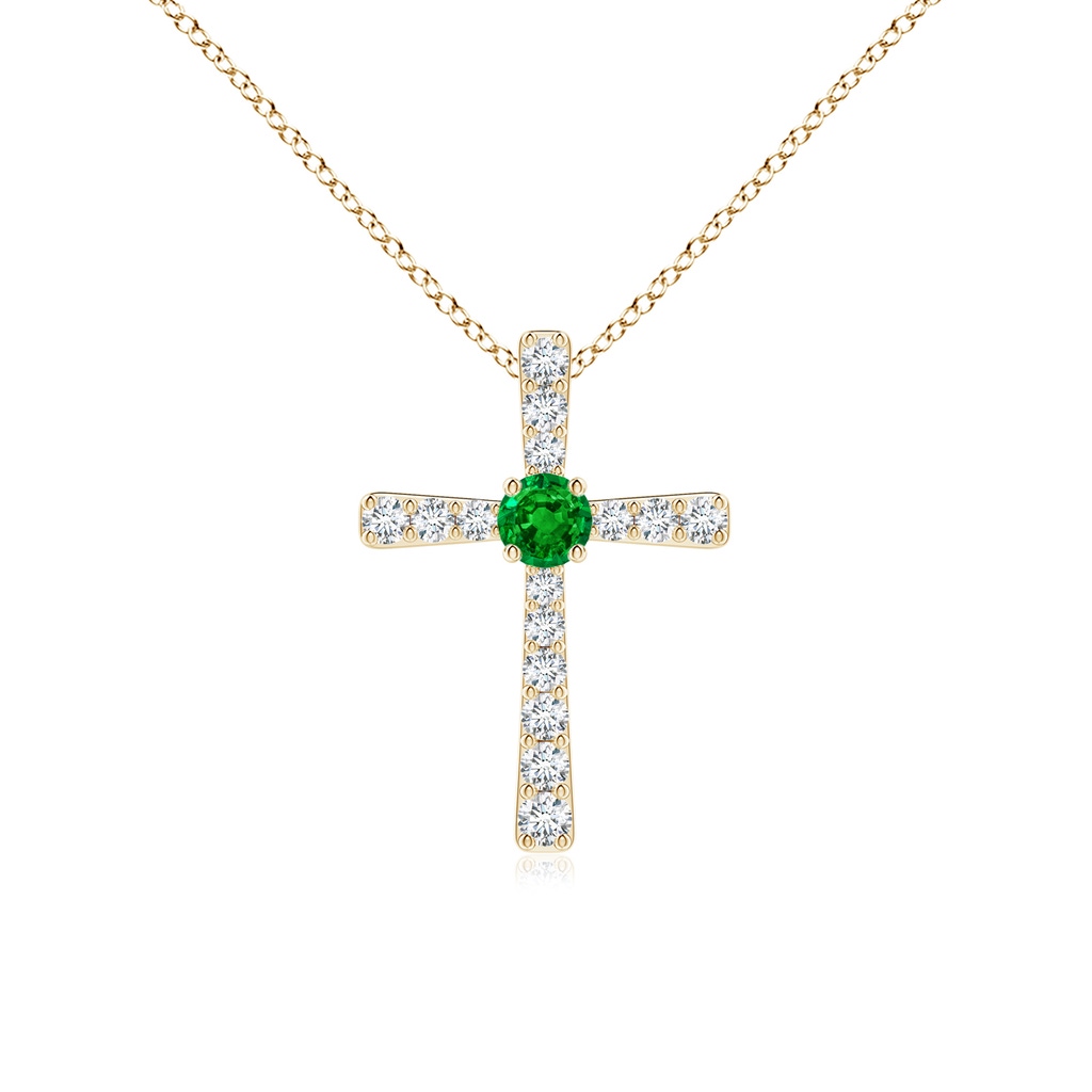 3mm AAAA Emerald and Diamond Cross Pendant in Yellow Gold