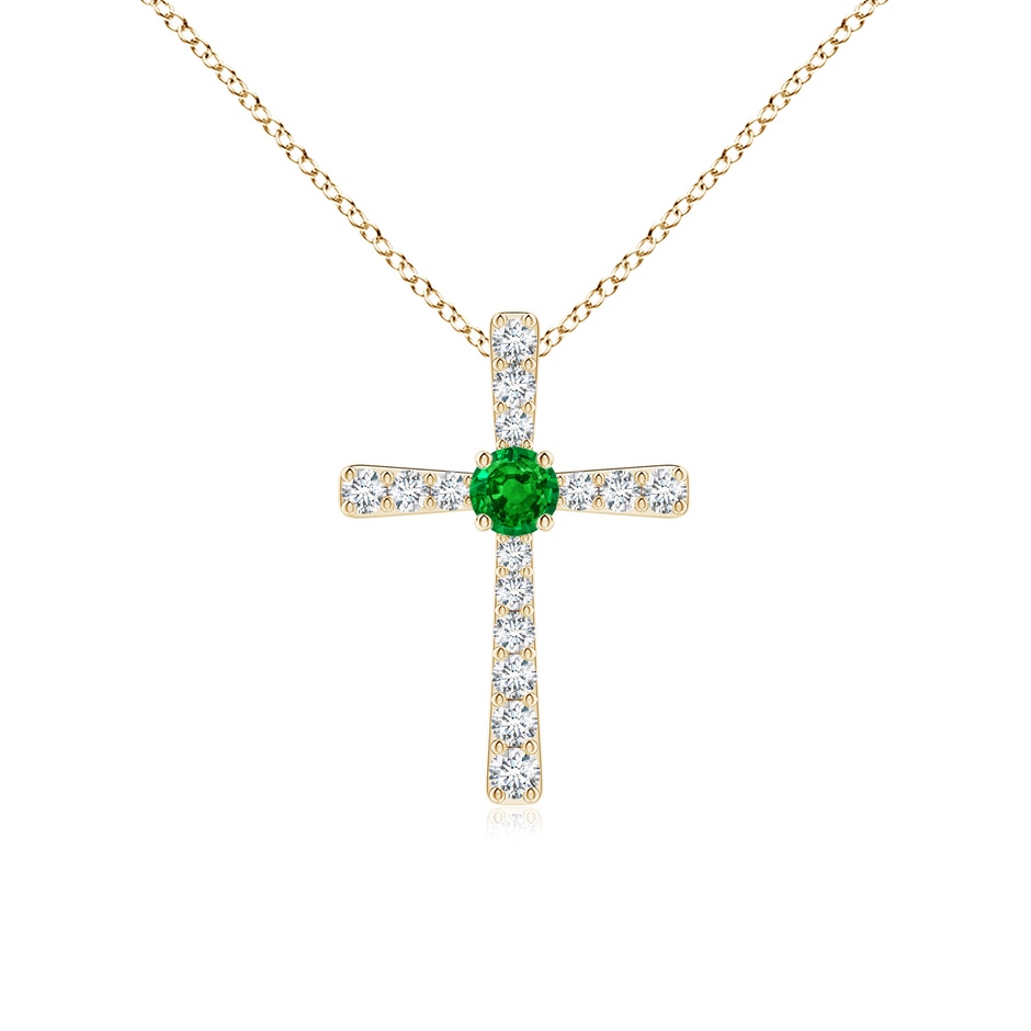 3mm AAAA Emerald and Diamond Cross Pendant in Yellow Gold 