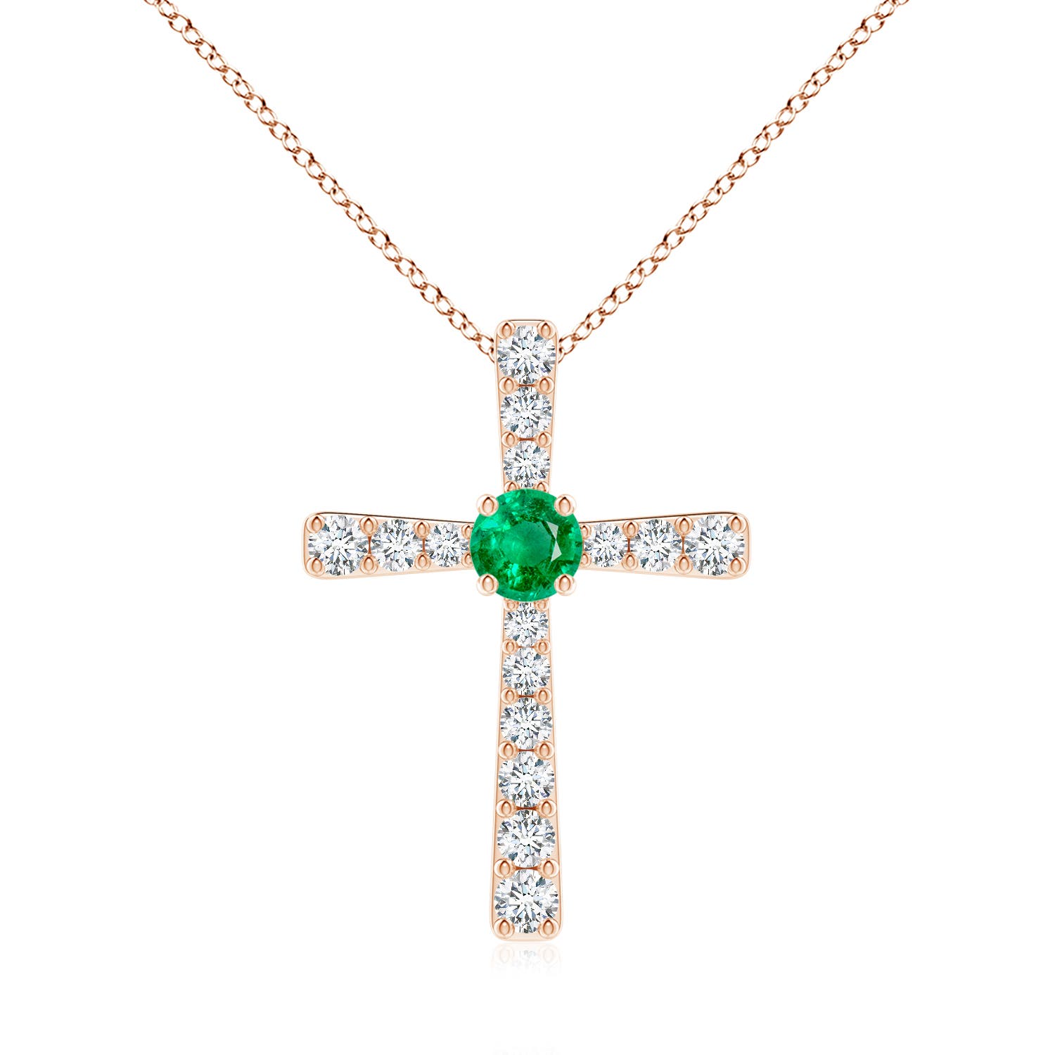 6mm AAA Emerald and Diamond Cross Pendant in 18K Rose Gold