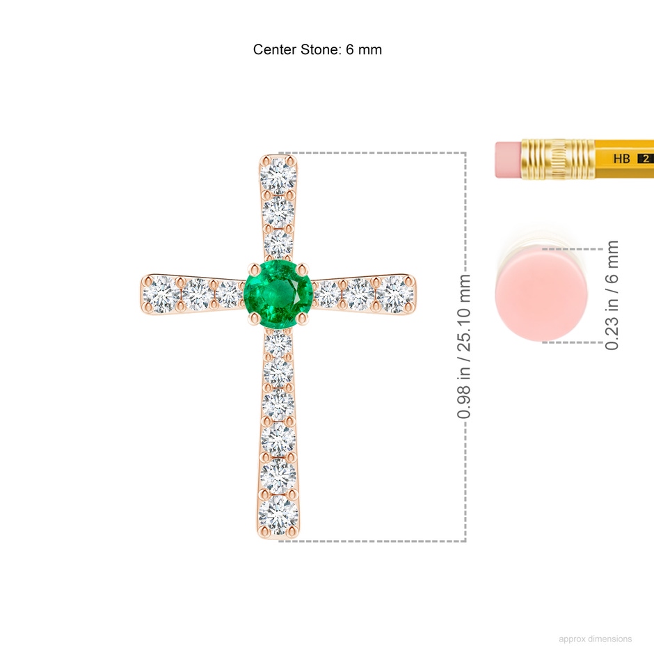 6mm AAA Emerald and Diamond Cross Pendant in Rose Gold ruler
