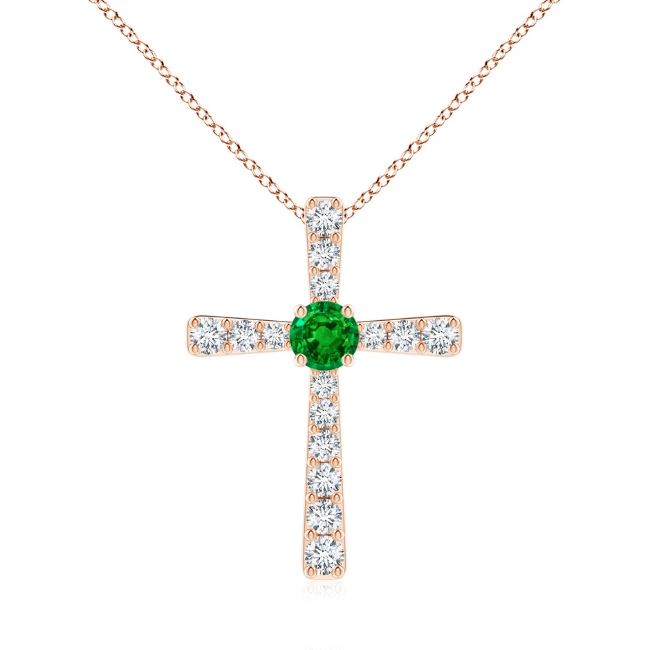 6mm AAAA Emerald and Diamond Cross Pendant in Rose Gold 