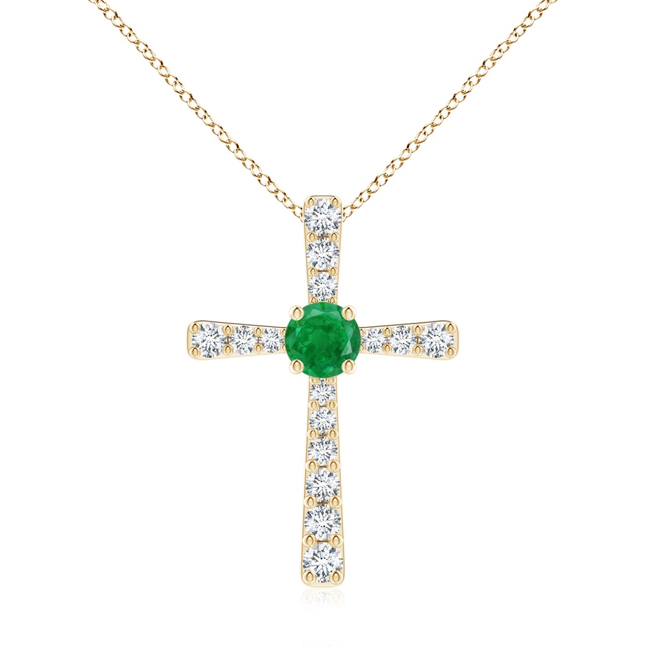 7mm AA Emerald and Diamond Cross Pendant in Yellow Gold 