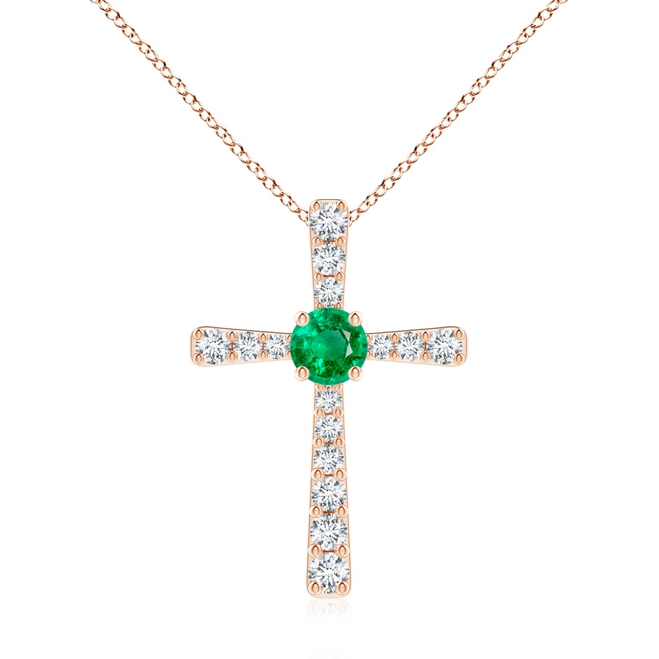 7mm AAA Emerald and Diamond Cross Pendant in Rose Gold 