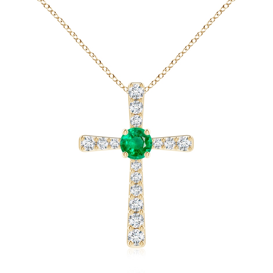 7mm AAA Emerald and Diamond Cross Pendant in Yellow Gold 