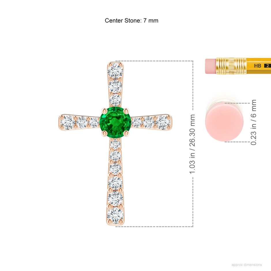 7mm AAAA Emerald and Diamond Cross Pendant in 18K Rose Gold ruler