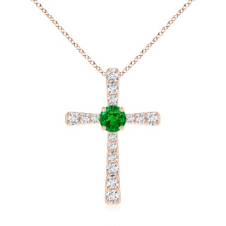 7mm AAAA Emerald and Diamond Cross Pendant in Rose Gold