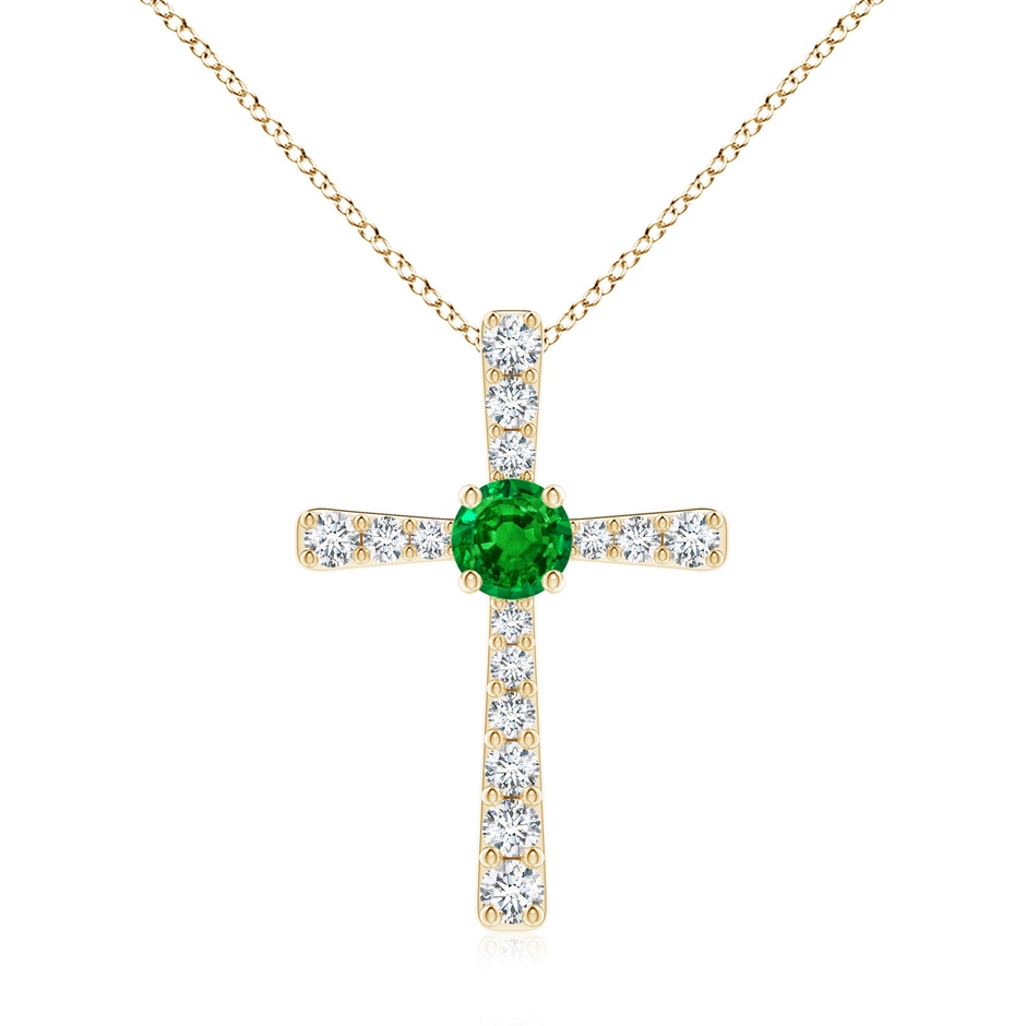 7mm AAAA Emerald and Diamond Cross Pendant in Yellow Gold 