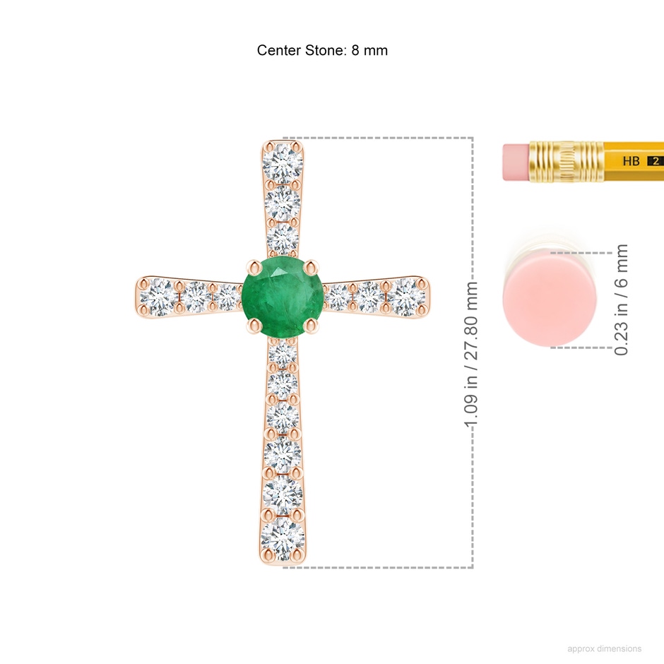 8mm A Emerald and Diamond Cross Pendant in Rose Gold ruler