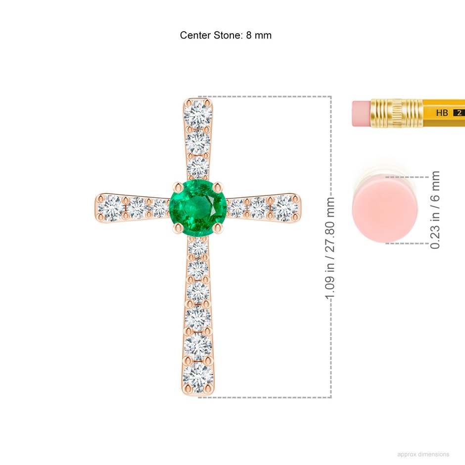 8mm AAA Emerald and Diamond Cross Pendant in Rose Gold ruler