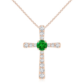 8mm AAAA Emerald and Diamond Cross Pendant in 18K Rose Gold