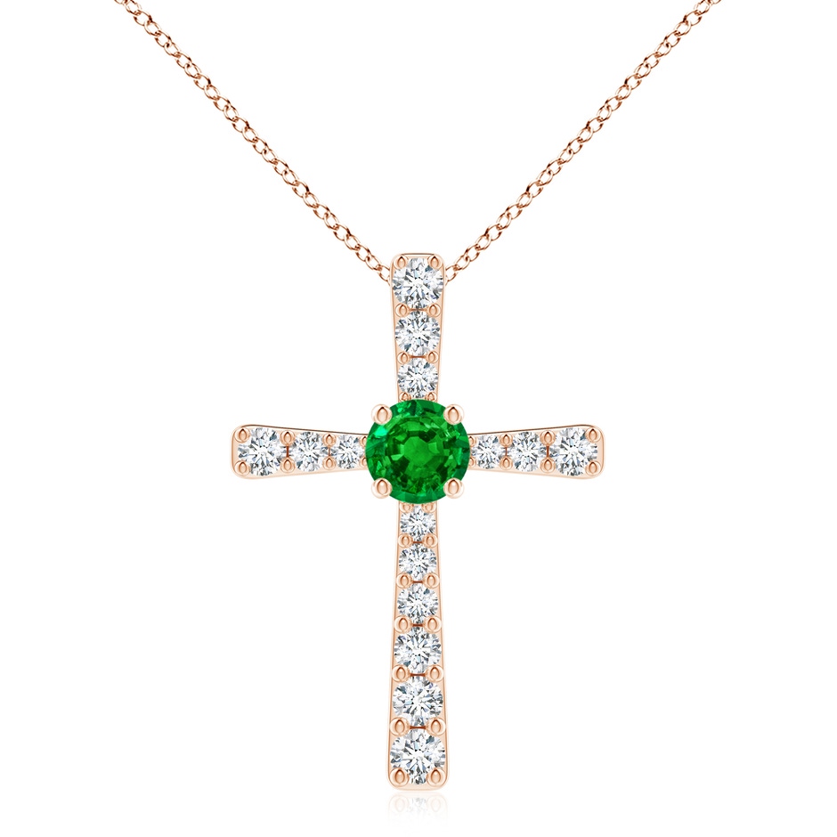 8mm AAAA Emerald and Diamond Cross Pendant in 18K Rose Gold 