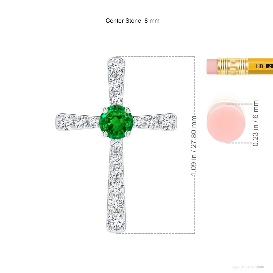 8mm AAAA Emerald and Diamond Cross Pendant in P950 Platinum ruler