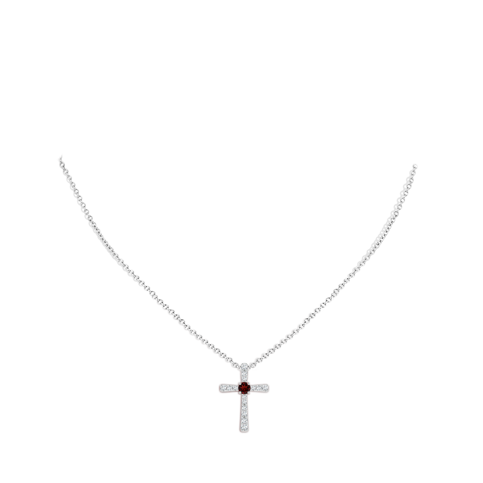 3.5mm AAA Garnet and Diamond Cross Pendant in 9K White Gold body-neck