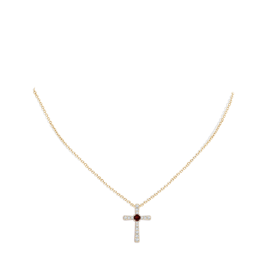 3.5mm AAA Garnet and Diamond Cross Pendant in Yellow Gold body-neck