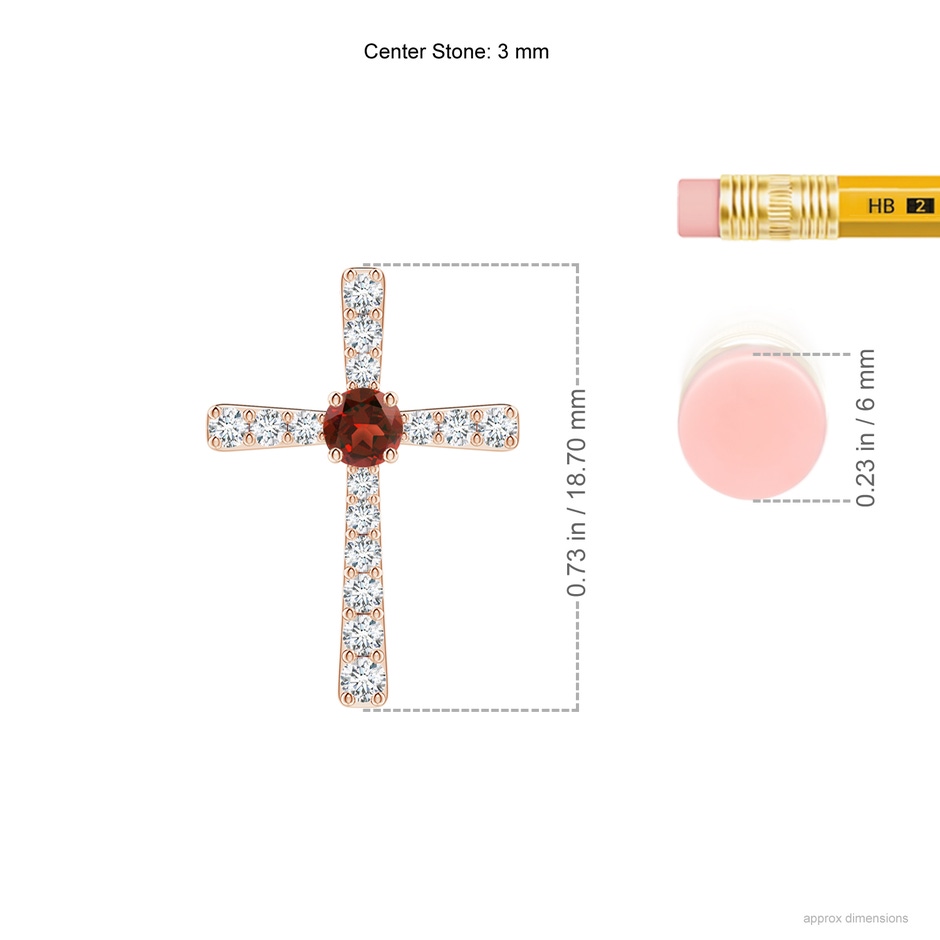 3mm AAAA Garnet and Diamond Cross Pendant in Rose Gold ruler