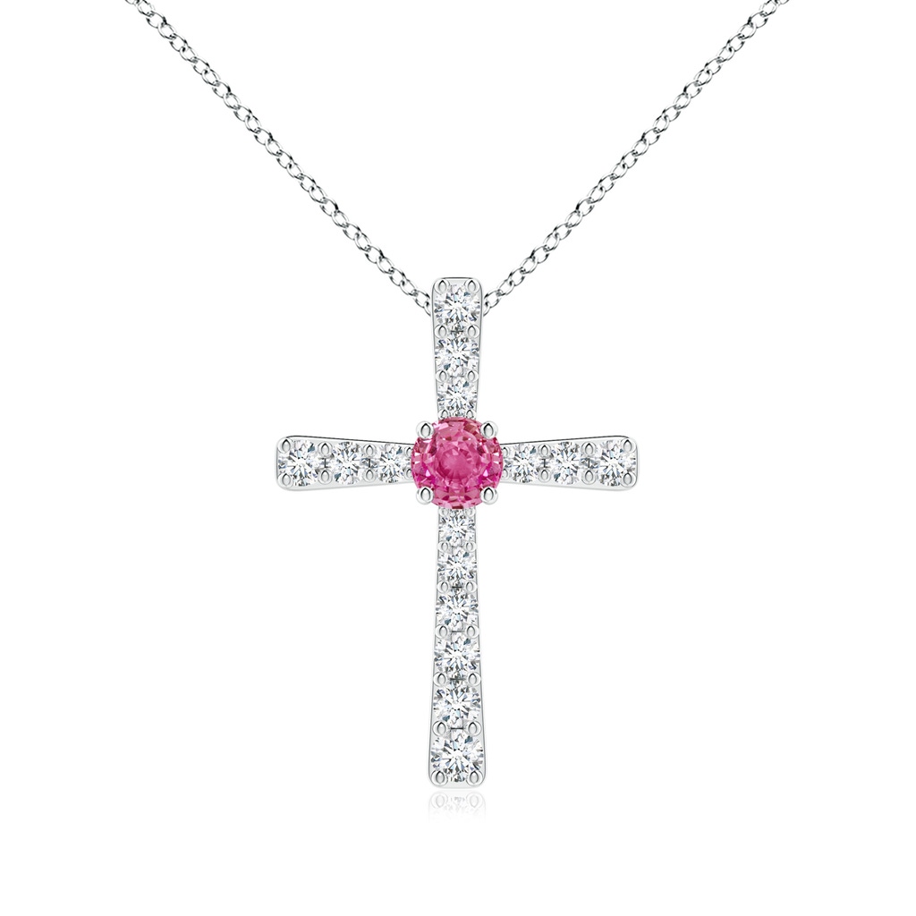 3.5mm AAA Pink Sapphire and Diamond Cross Pendant in White Gold