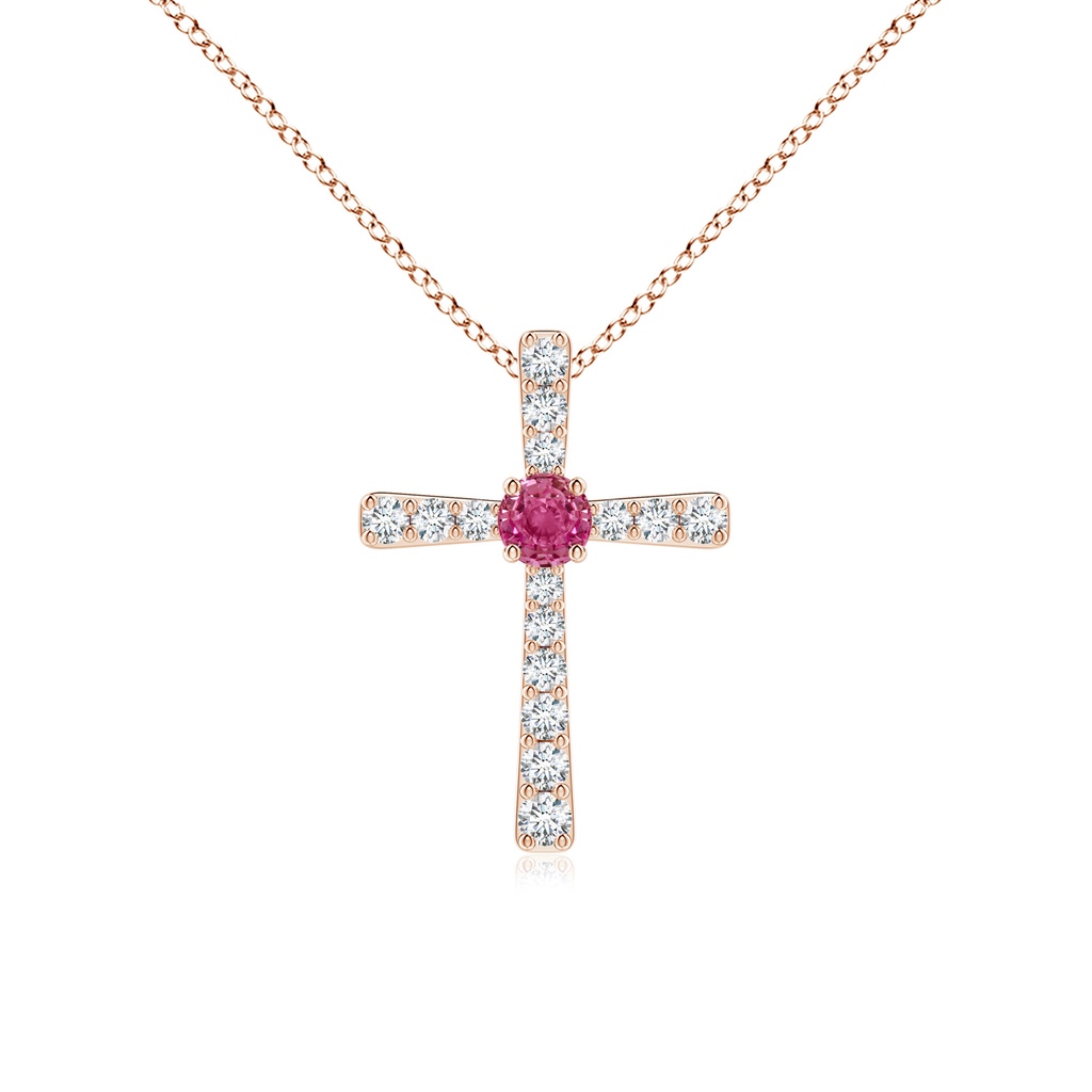 3mm AAAA Pink Sapphire and Diamond Cross Pendant in Rose Gold