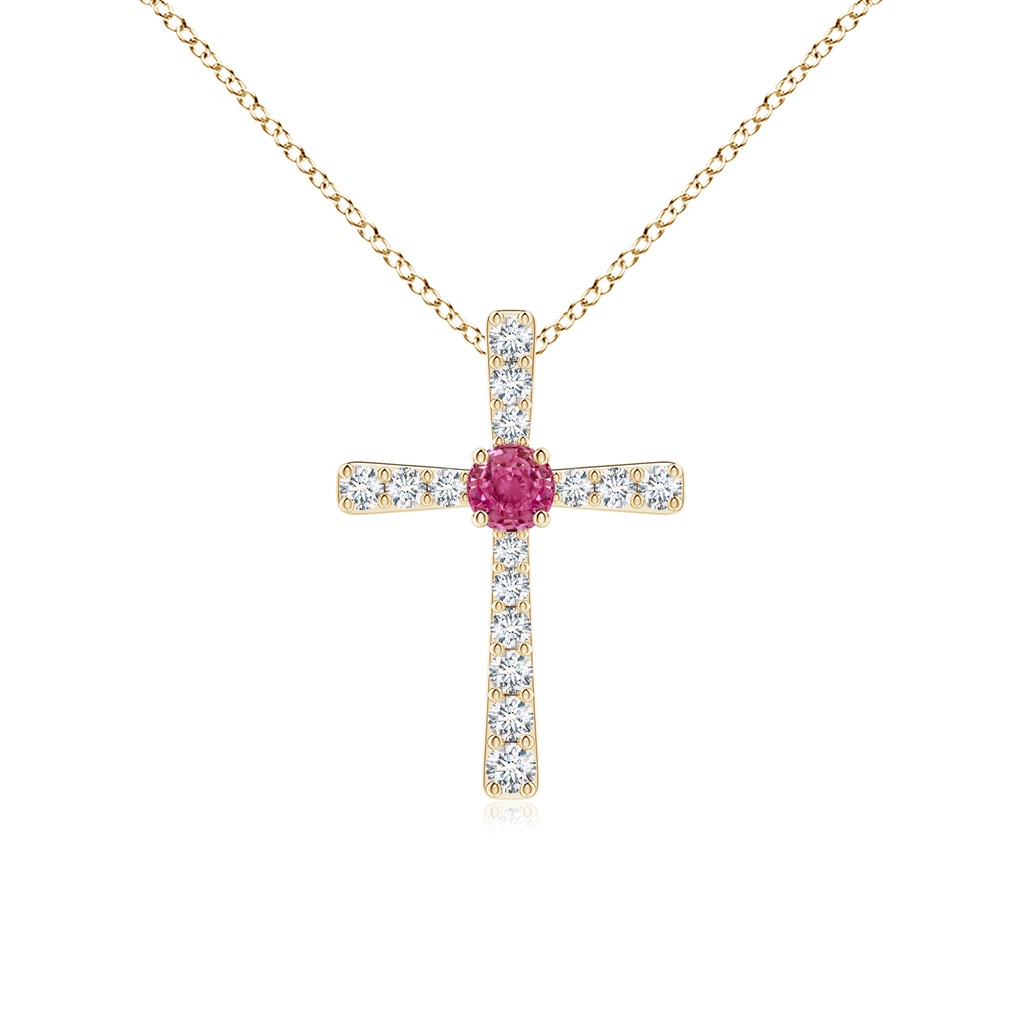 3mm AAAA Pink Sapphire and Diamond Cross Pendant in Yellow Gold