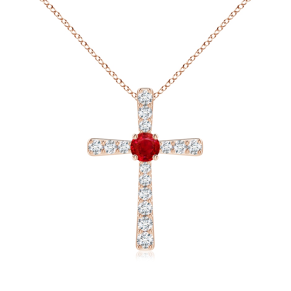 3.5mm AAA Ruby and Diamond Cross Pendant in 18K Rose Gold 