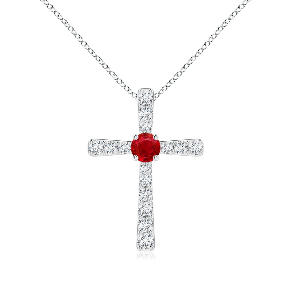 3.5mm AAA Ruby and Diamond Cross Pendant in 18K White Gold 
