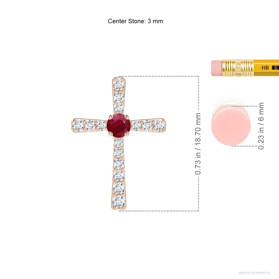 3mm A Ruby and Diamond Cross Pendant in Rose Gold ruler