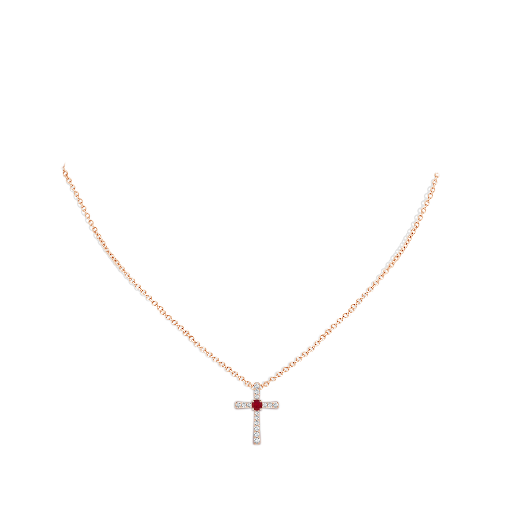 3mm AA Ruby and Diamond Cross Pendant in Rose Gold Body-Neck