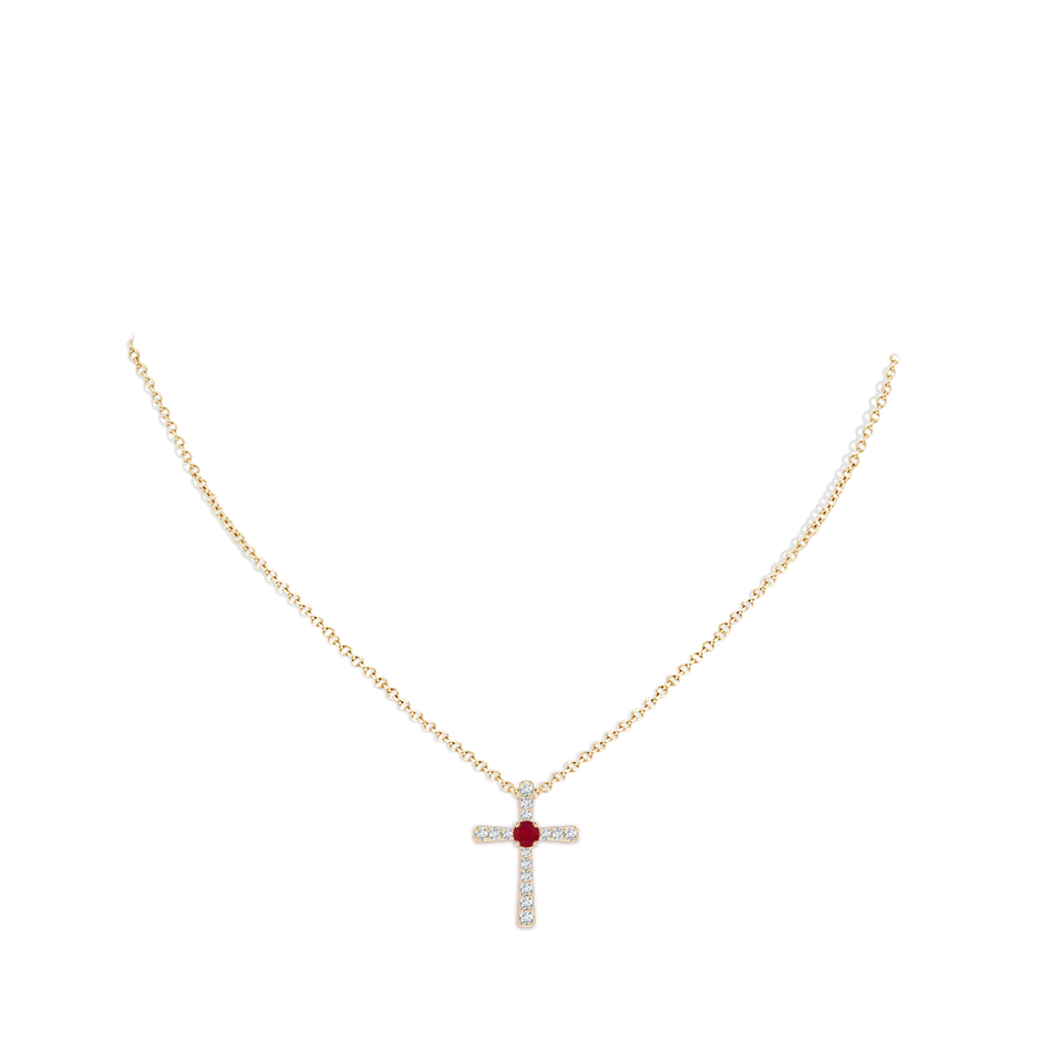 3mm AA Ruby and Diamond Cross Pendant in Yellow Gold pen