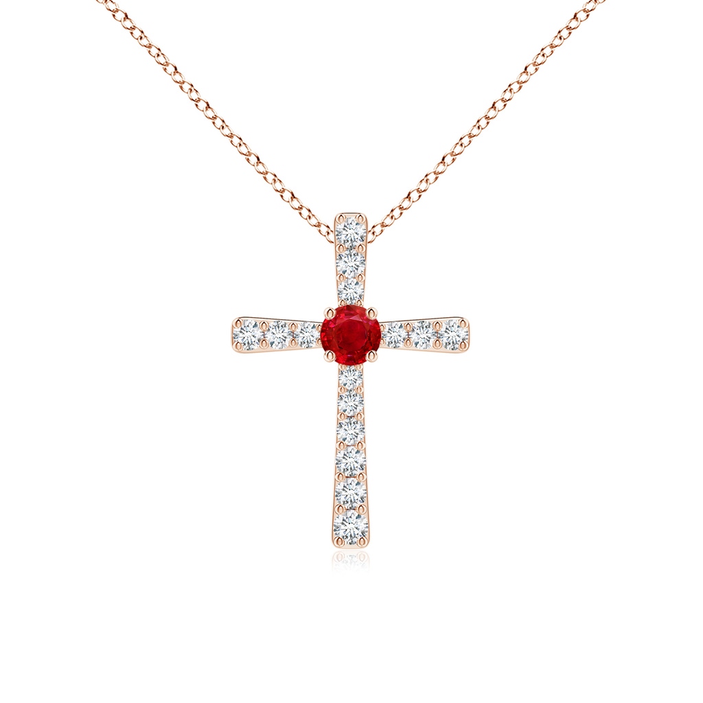 3mm AAA Ruby and Diamond Cross Pendant in Rose Gold 