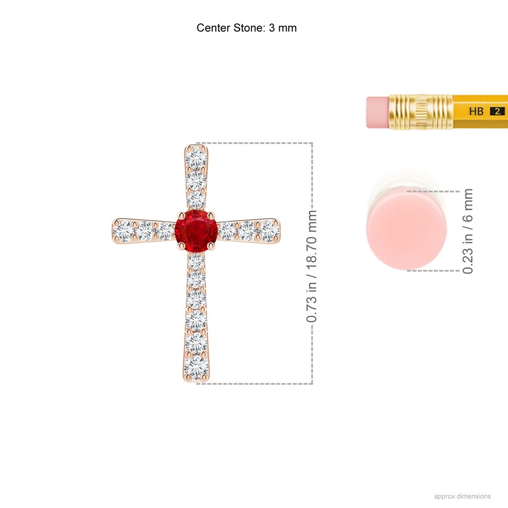 3mm AAA Ruby and Diamond Cross Pendant in Rose Gold Ruler