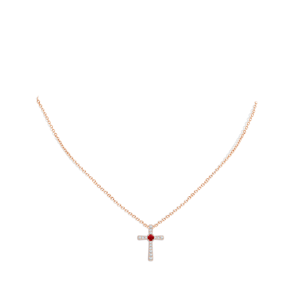 3mm AAA Ruby and Diamond Cross Pendant in Rose Gold Body-Neck