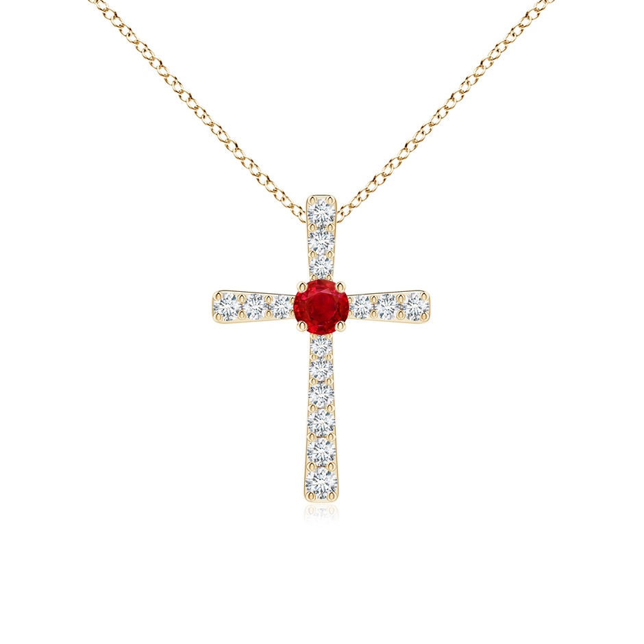 3mm AAA Ruby and Diamond Cross Pendant in Yellow Gold 
