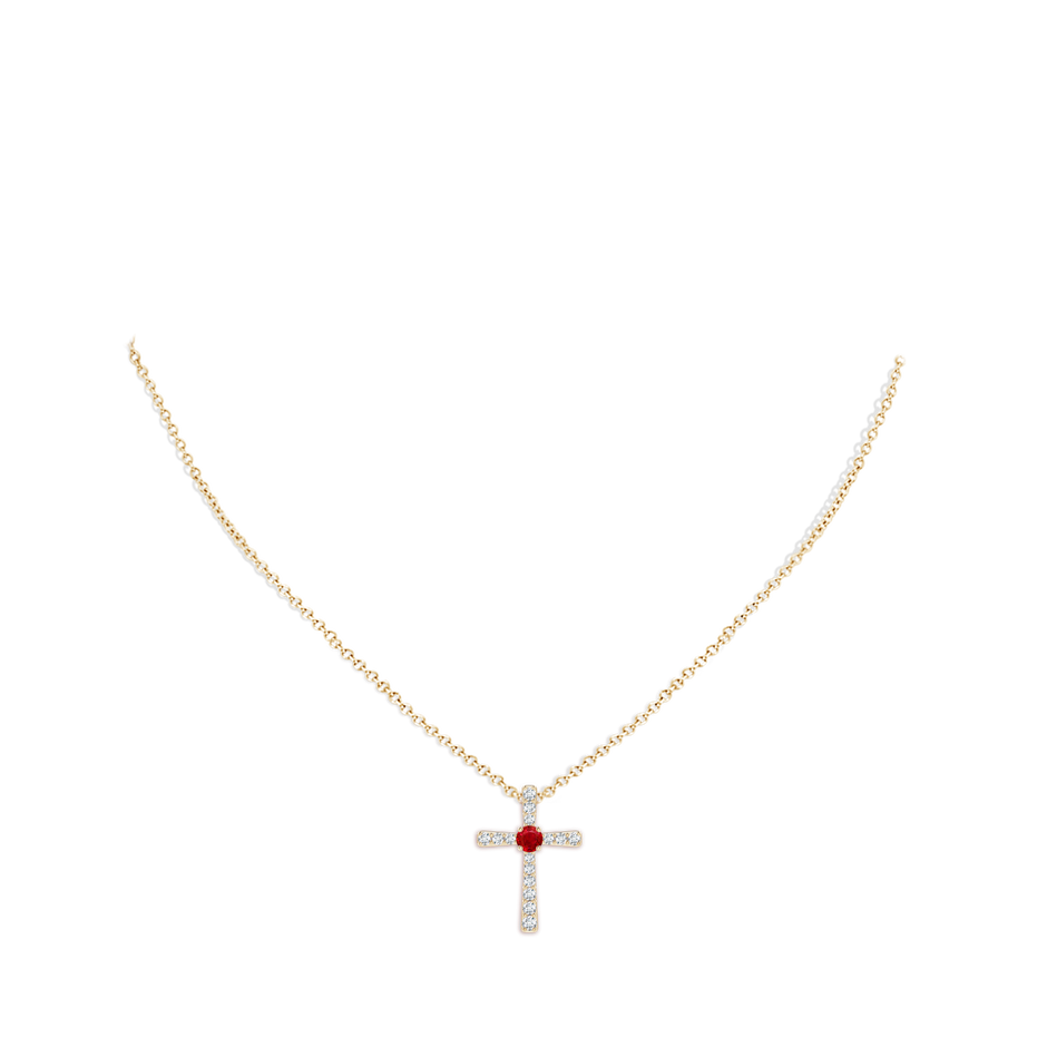 3mm AAA Ruby and Diamond Cross Pendant in Yellow Gold pen
