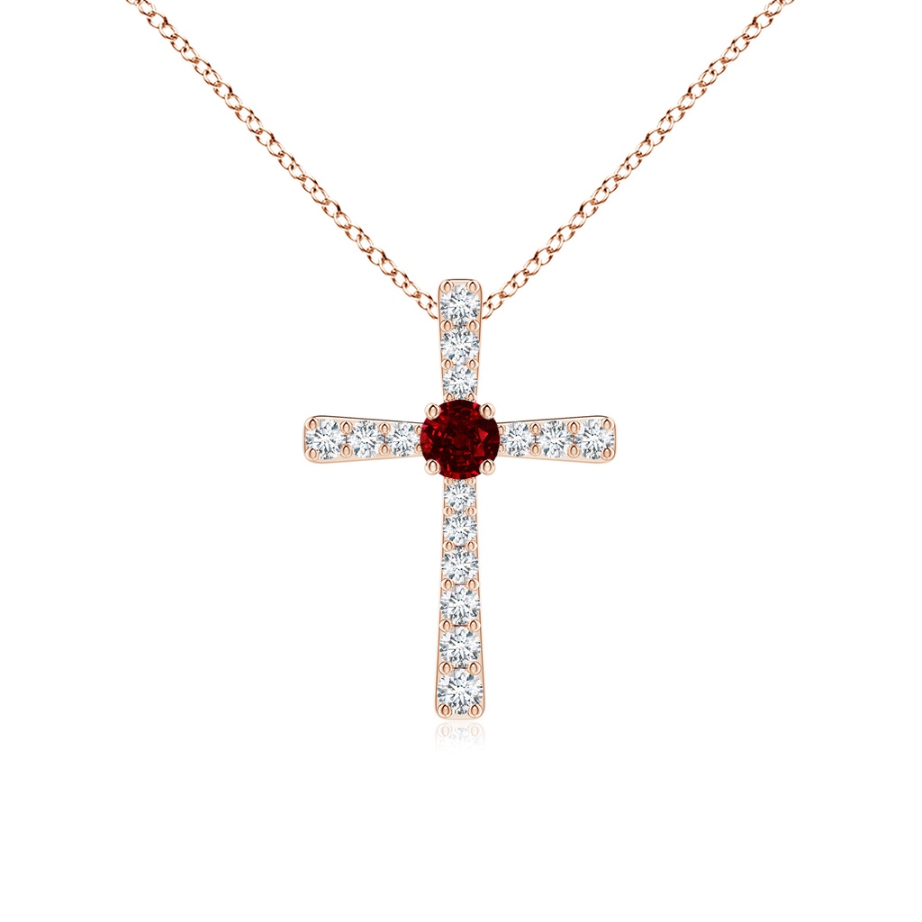 3mm AAAA Ruby and Diamond Cross Pendant in Rose Gold