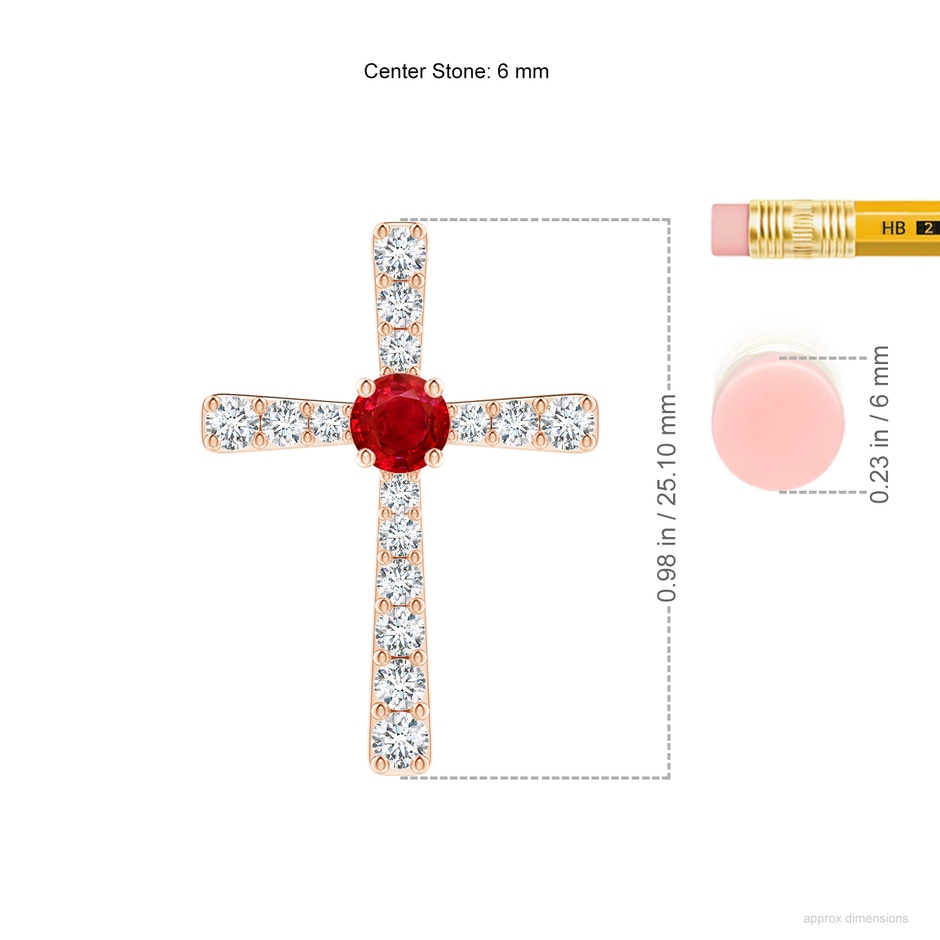 6mm AAA Ruby and Diamond Cross Pendant in Rose Gold ruler