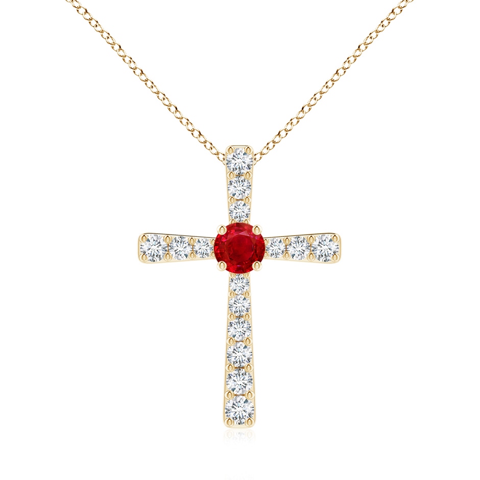 6mm AAA Ruby and Diamond Cross Pendant in Yellow Gold 