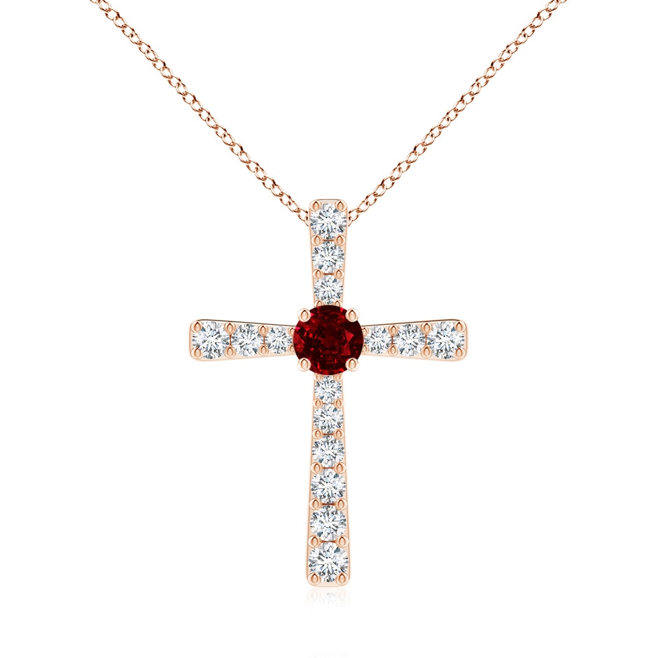 6mm AAAA Ruby and Diamond Cross Pendant in Rose Gold 