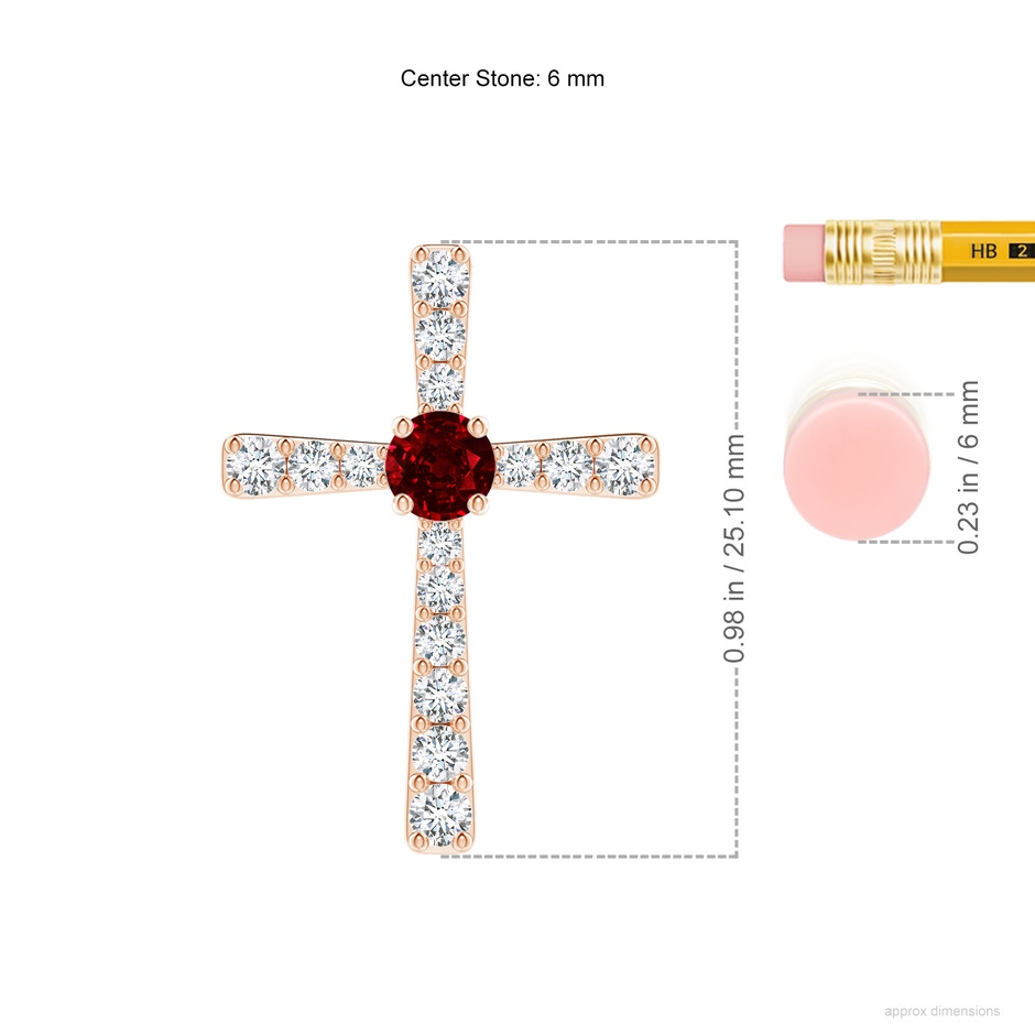 6mm AAAA Ruby and Diamond Cross Pendant in Rose Gold ruler