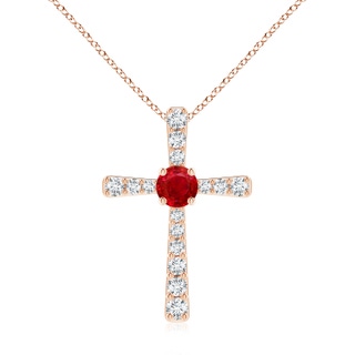 7mm AAA Ruby and Diamond Cross Pendant in 18K Rose Gold